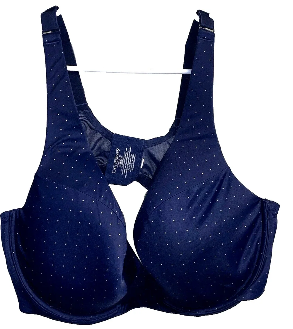 50C Catherines Intimates Plunge Bra Blue Gold Polka Dots Underwire 99249 Pad EUC